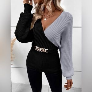 Stylish Black and Gray V-Neck Sweater